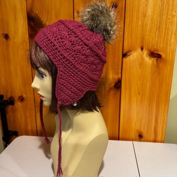 Wine Burgundy Hand Knit / Crochet Beanie with earflaps and Fur Pom Pom NEW - Picture 1 of 6